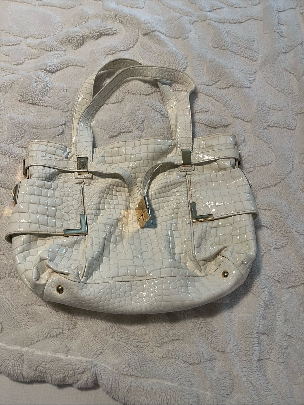 Michael Kors White Croc-Embossed Patent Shoulder Bag with Gold Hardware